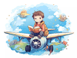 卡通插画学生铅笔书本飞行概念ai开学季暑假